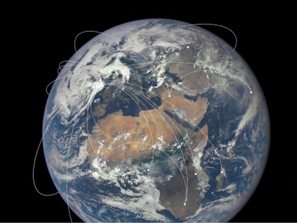 A view of earth with lines connecting the UK to other countries